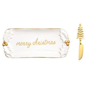 Gold Merry Christmas Serving Dish w/ Spreader