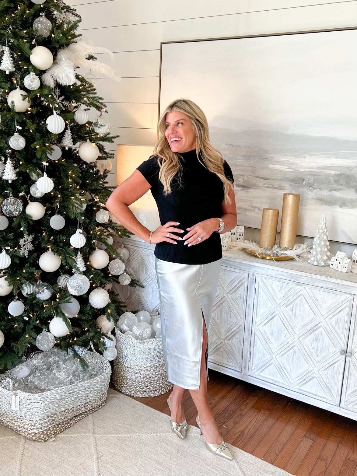 Leather Like Midi Skirt-Silver