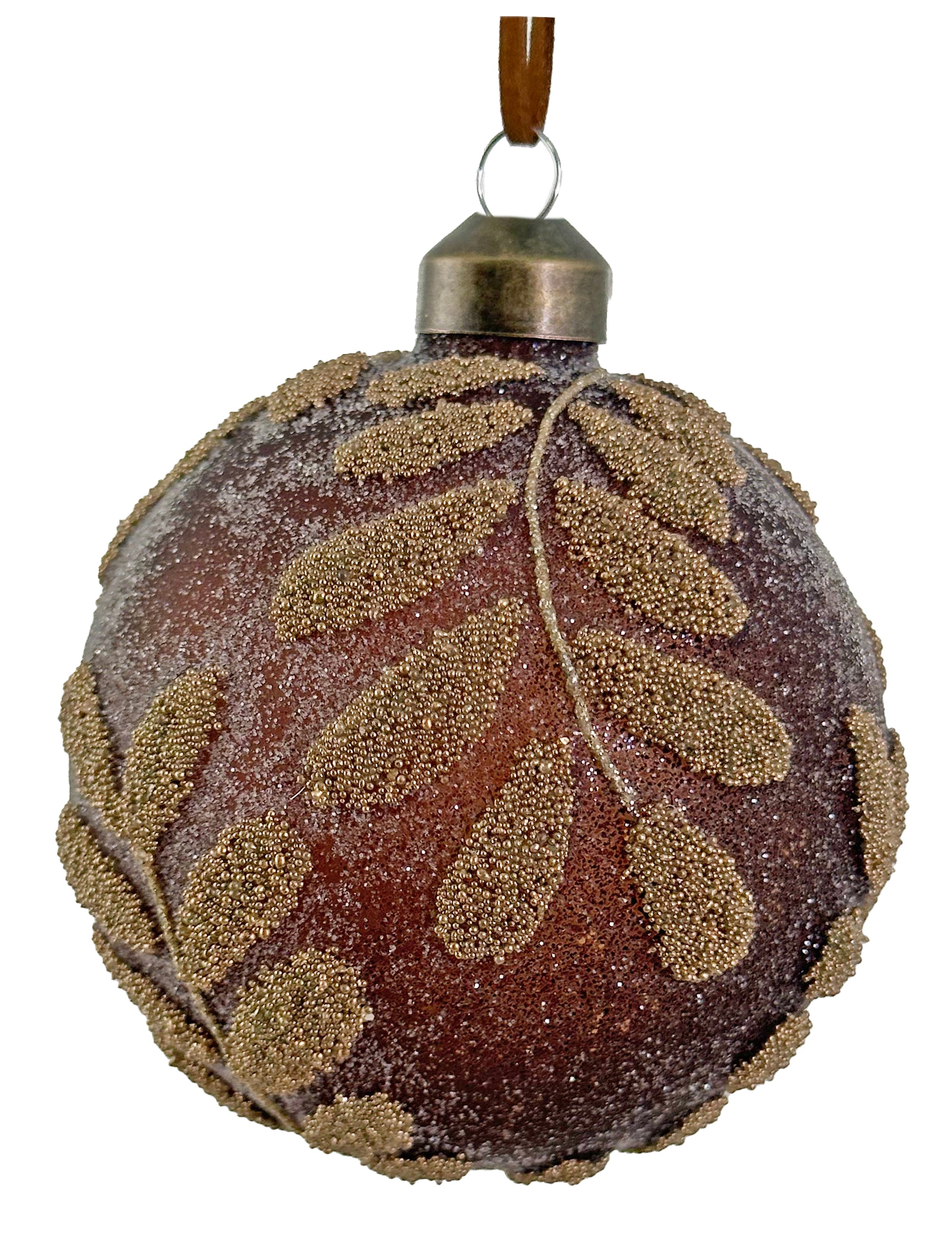 Sugared Brown w/ Gold Beads Glass Ornament (2 Sizes)