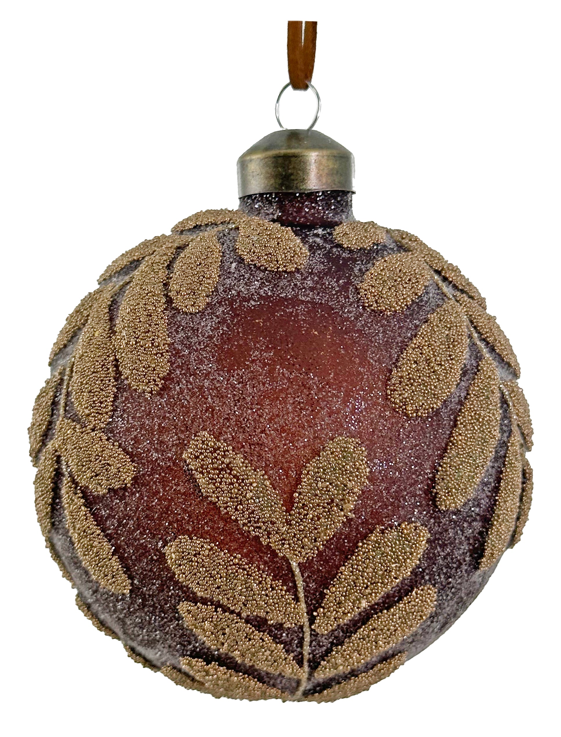 Sugared Brown w/ Gold Beads Glass Ornament (2 Sizes)