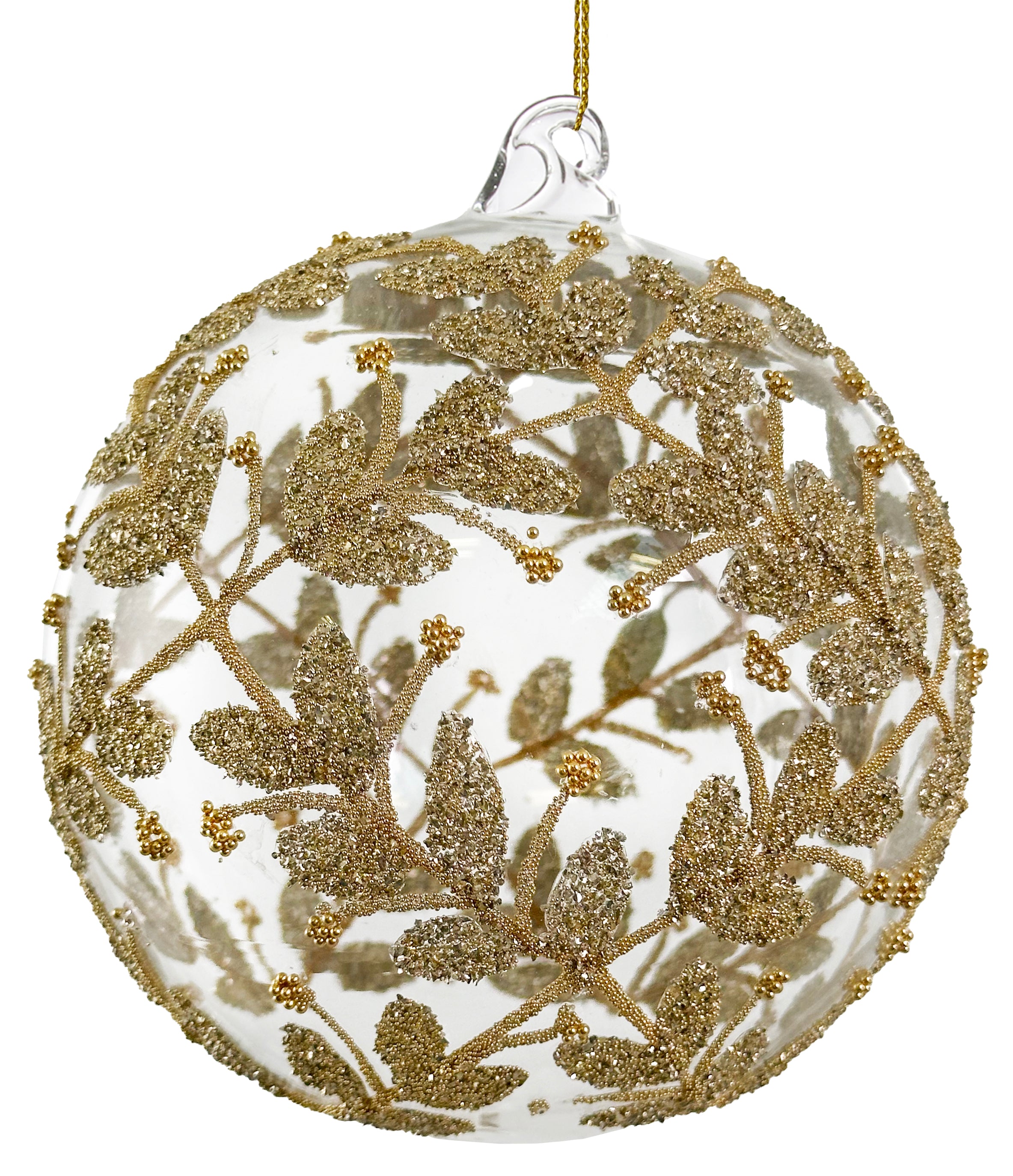 Gold Beaded Flowers Glass Ornament