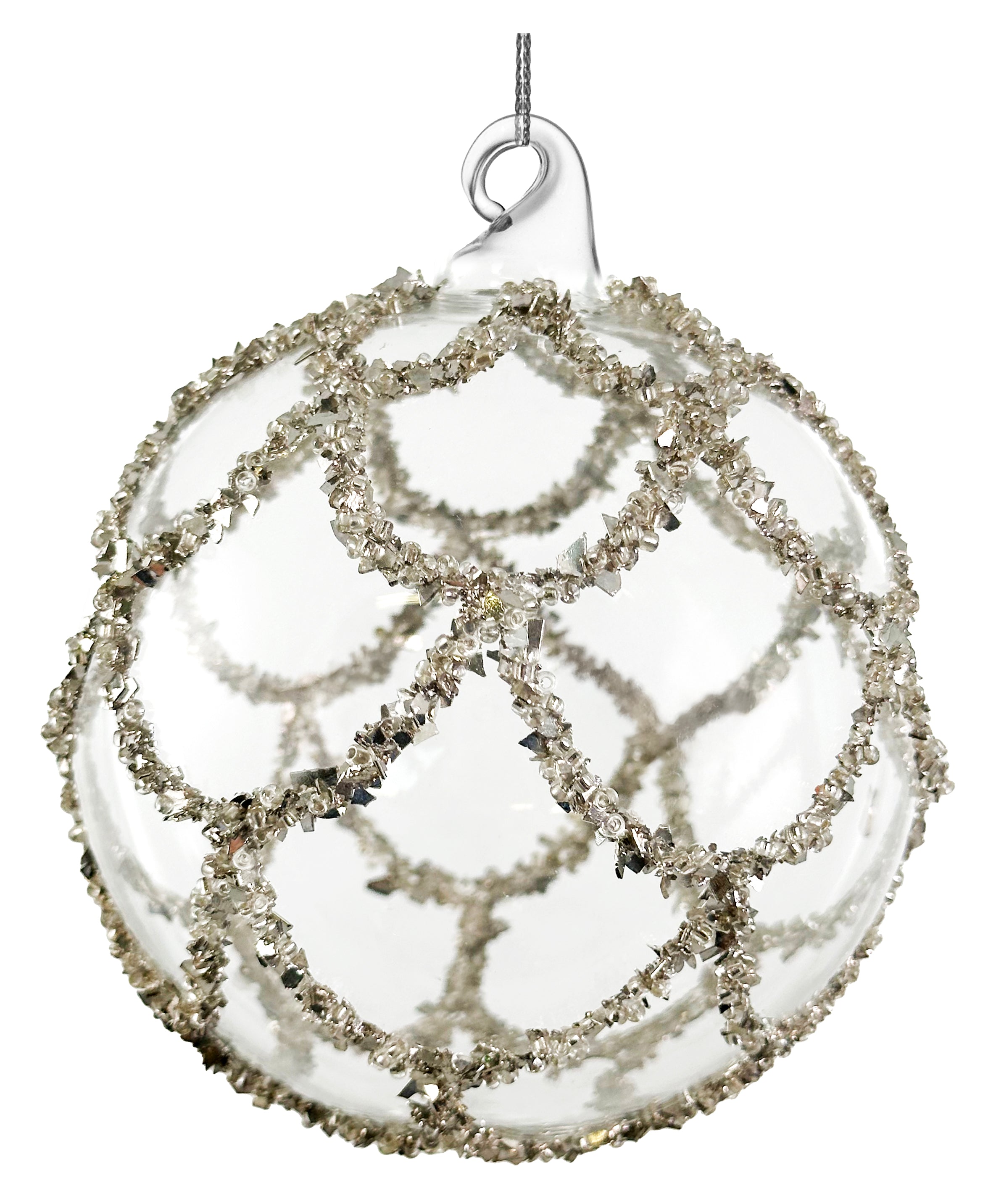 Silver Beaded Clear Glass Ornament (2 Sizes)