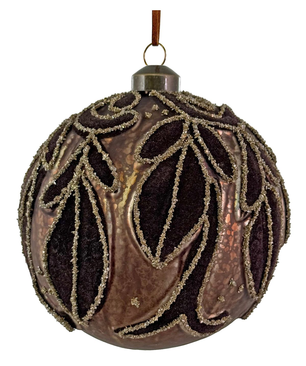 Antique Brown Velvet Leaves Glass Ornament