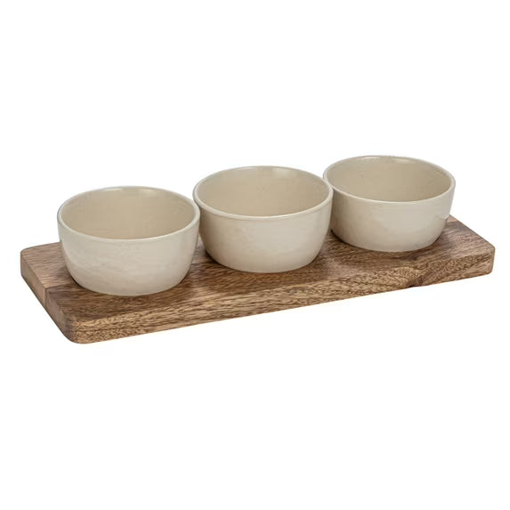 Stoneware Bowls w/ Mango Wood Tray (Set of 4)