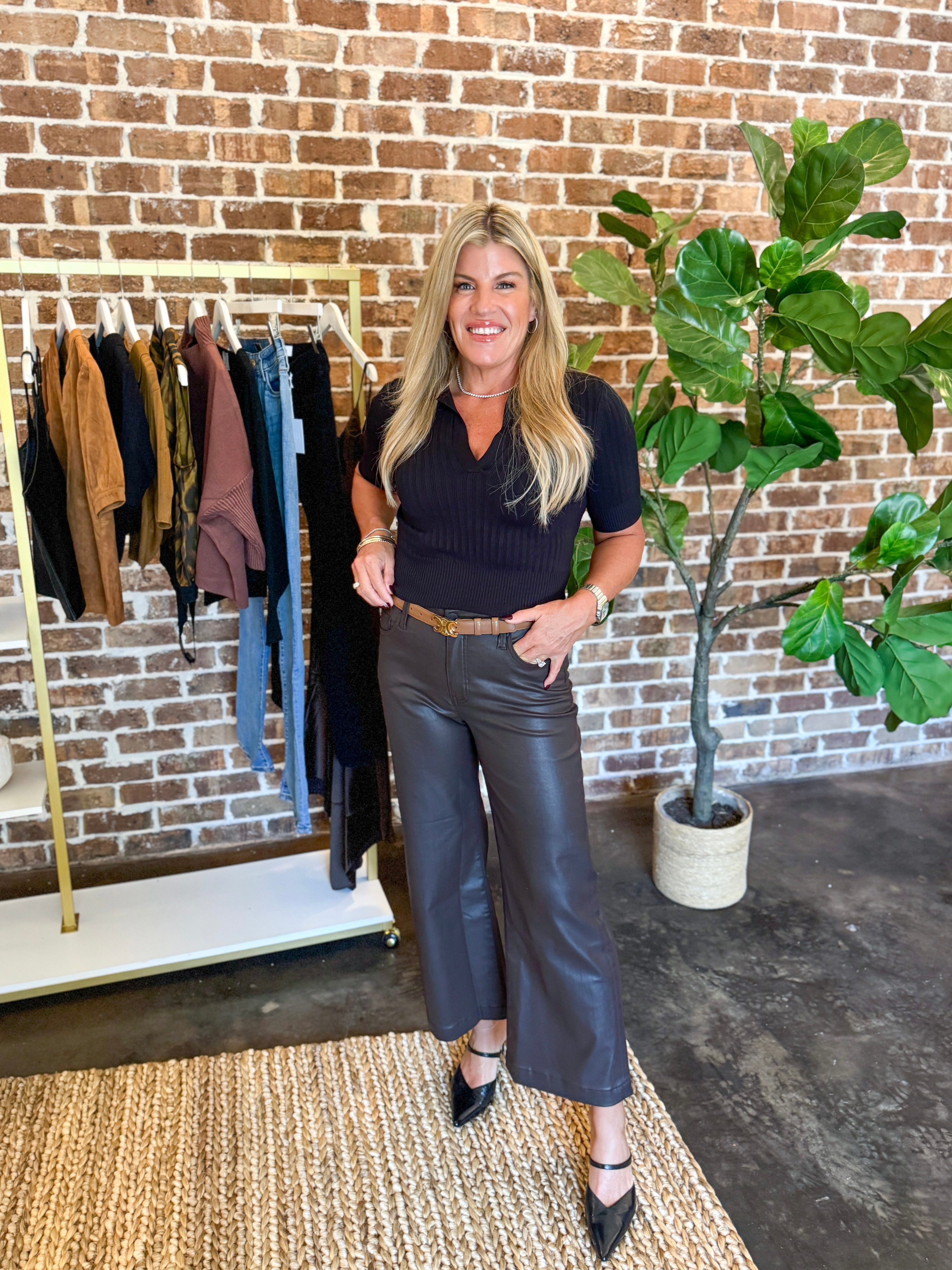 Meg Coated Wide Leg-Chocolate