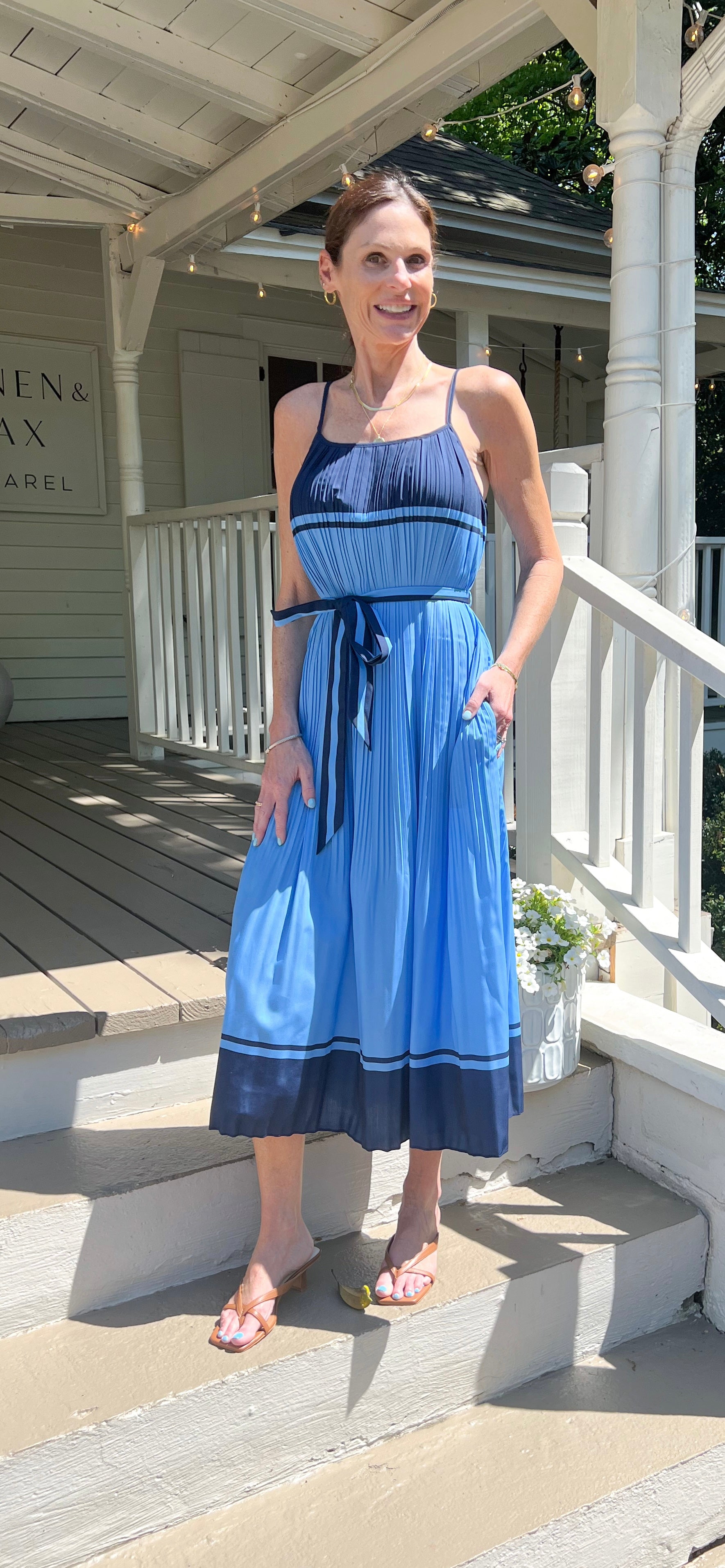 Stripe Pleat Dress-Blue