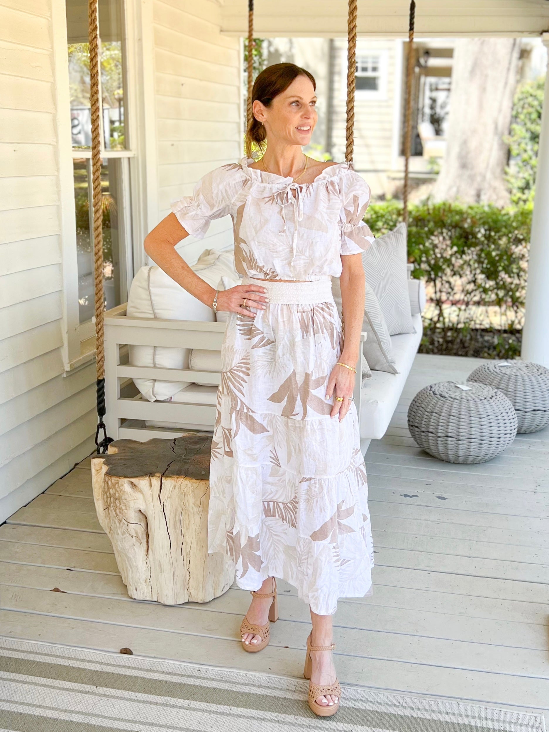 Cropped Hawaiian Top-White/Beige