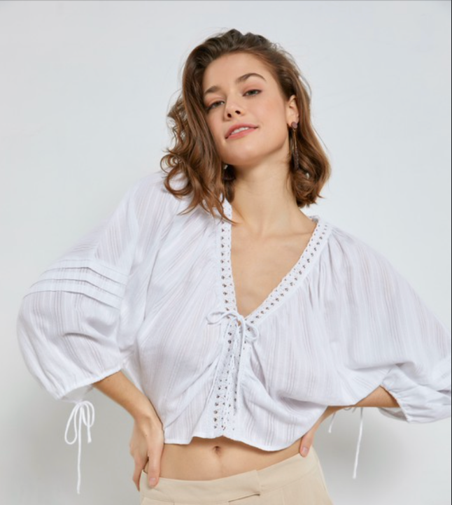 Lace Tie Top-White-Final Sale