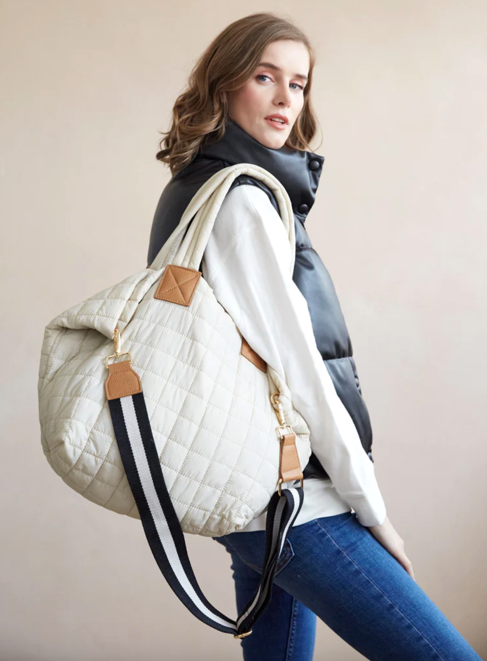 Ezra Quilted Tote- Ivory