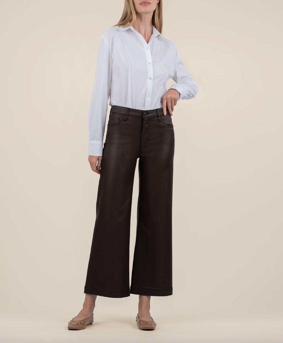 Meg Coated Wide Leg-Chocolate