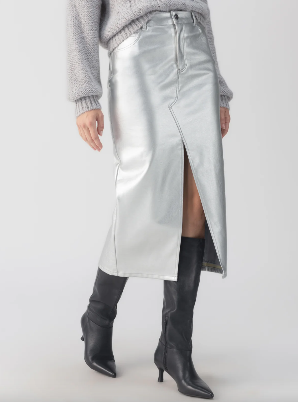 Leather Like Midi Skirt-Silver