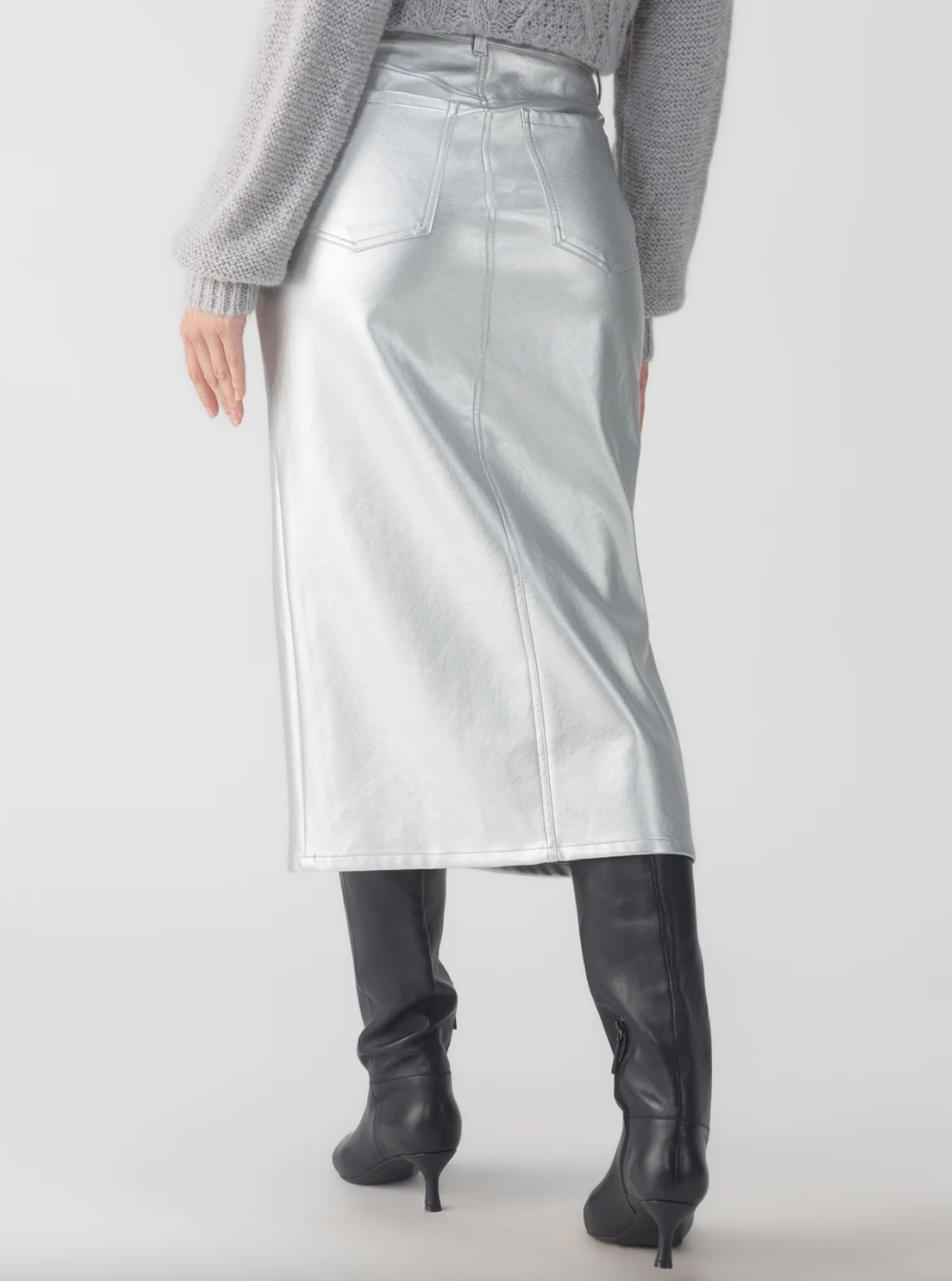 Leather Like Midi Skirt-Silver