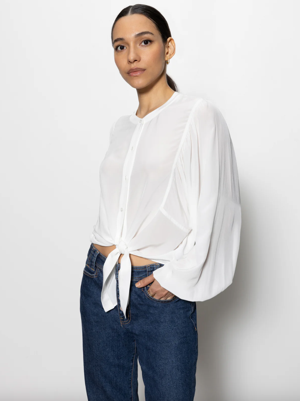 Tie Front Volume Blouse-Chalk