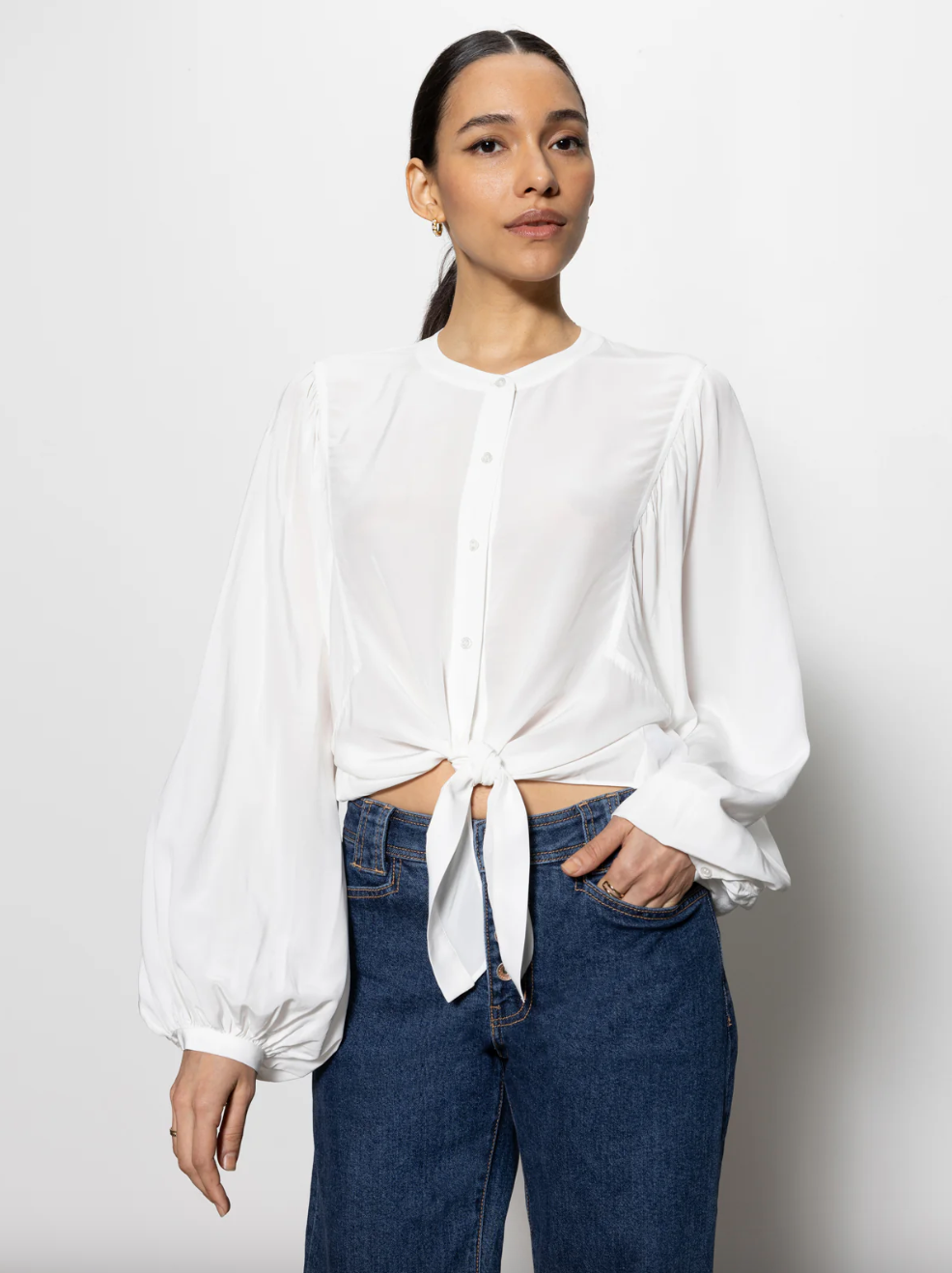 Tie Front Volume Blouse-Chalk
