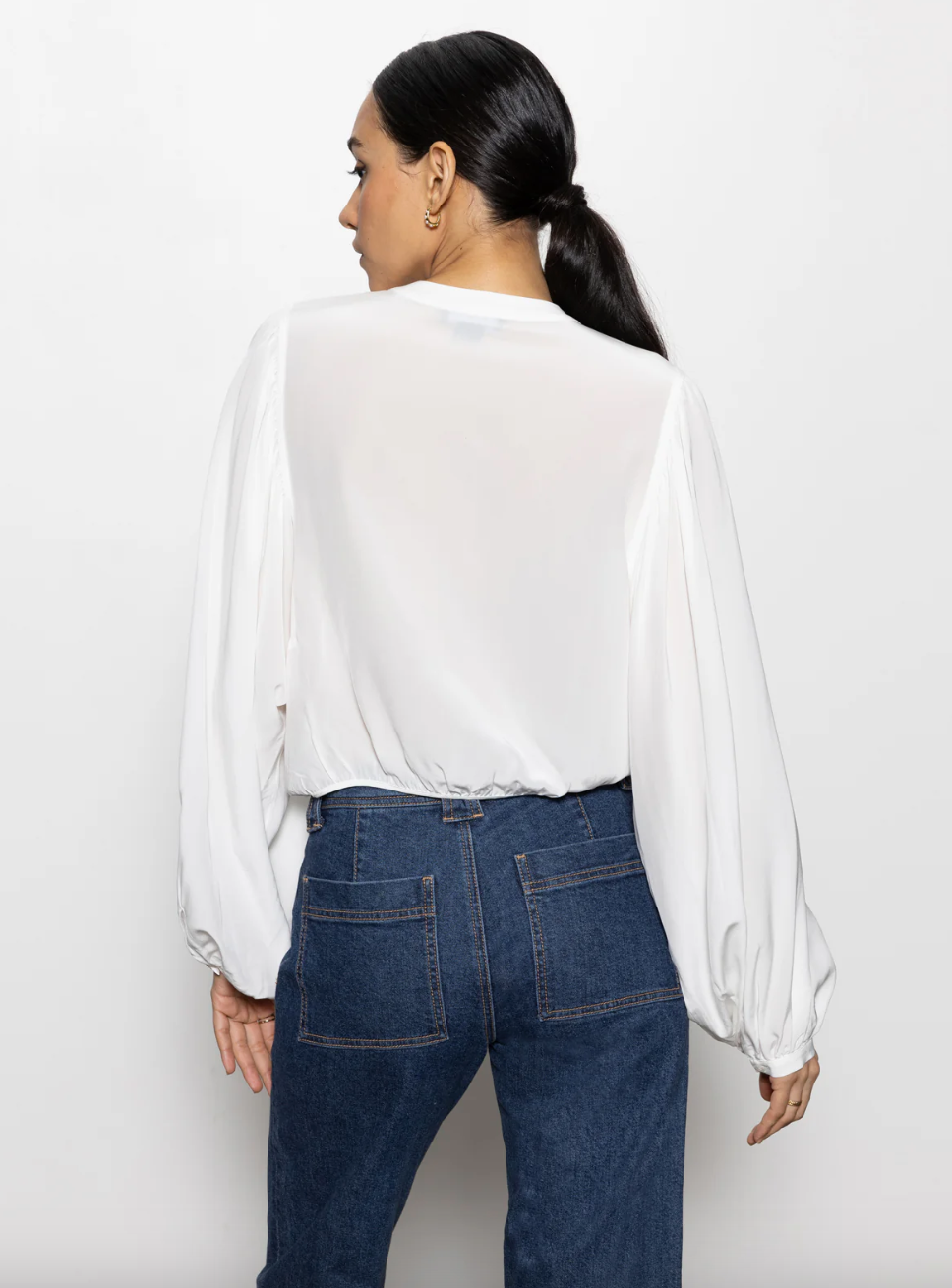 Tie Front Volume Blouse-Chalk