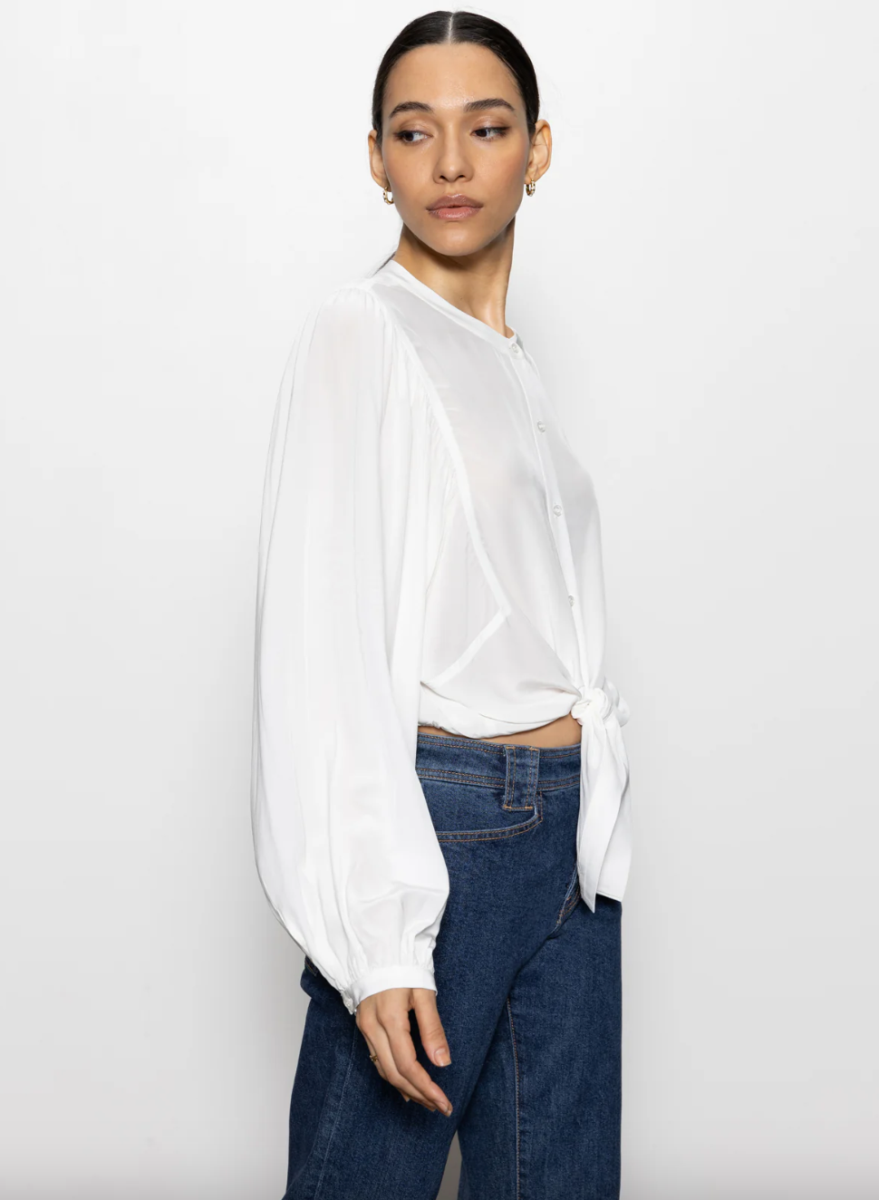 Tie Front Volume Blouse-Chalk