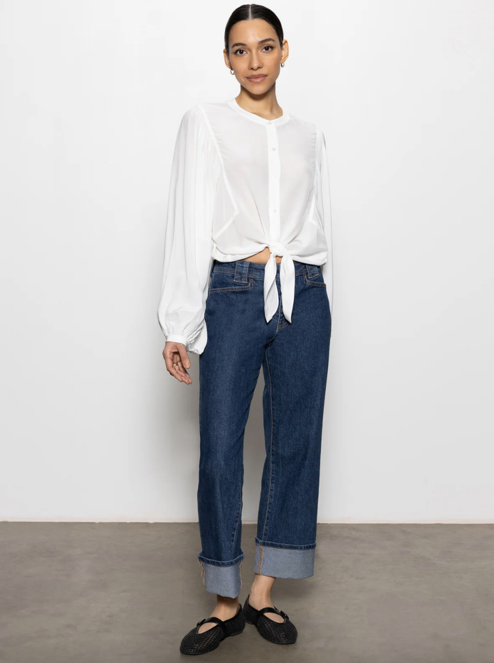 Tie Front Volume Blouse-Chalk