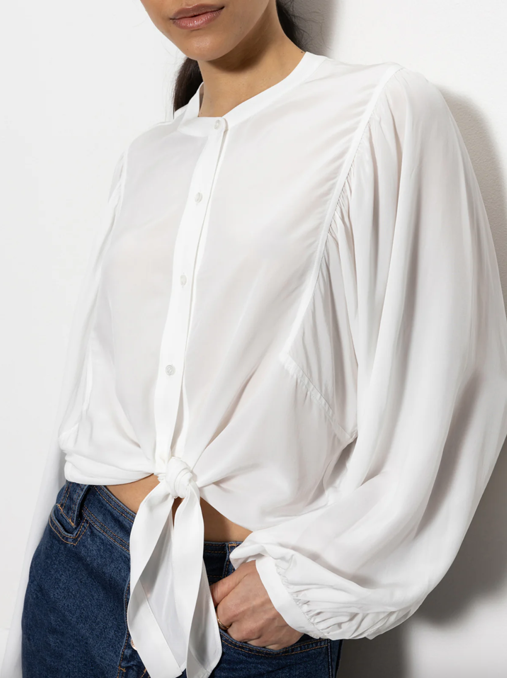 Tie Front Volume Blouse-Chalk