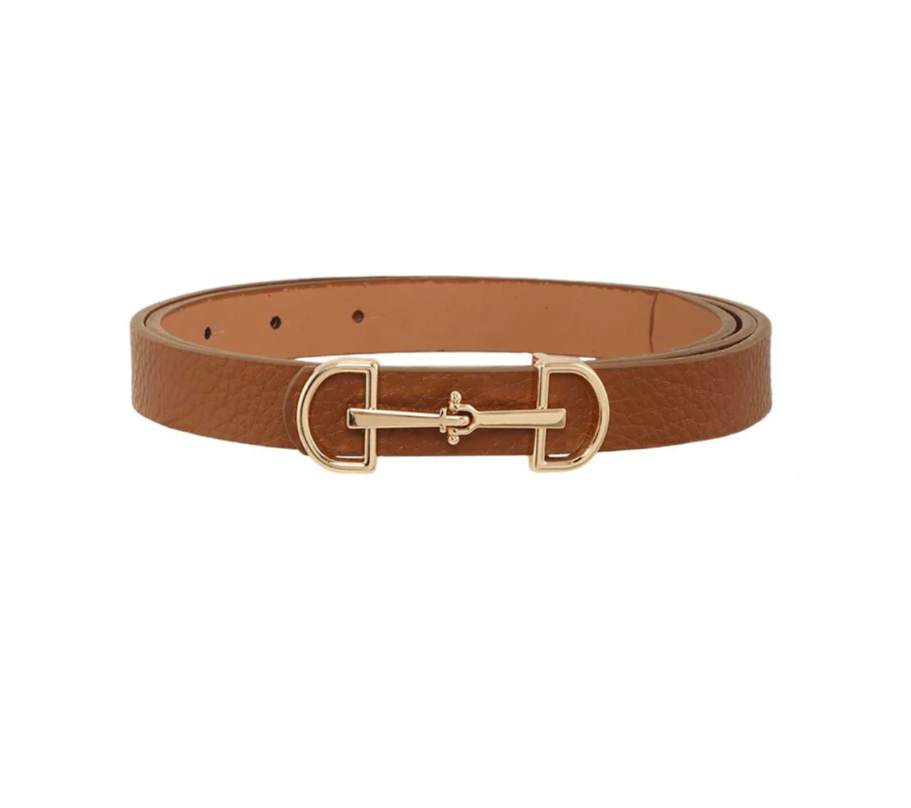 Horsebit Buckle Skinny Belt-Cognac