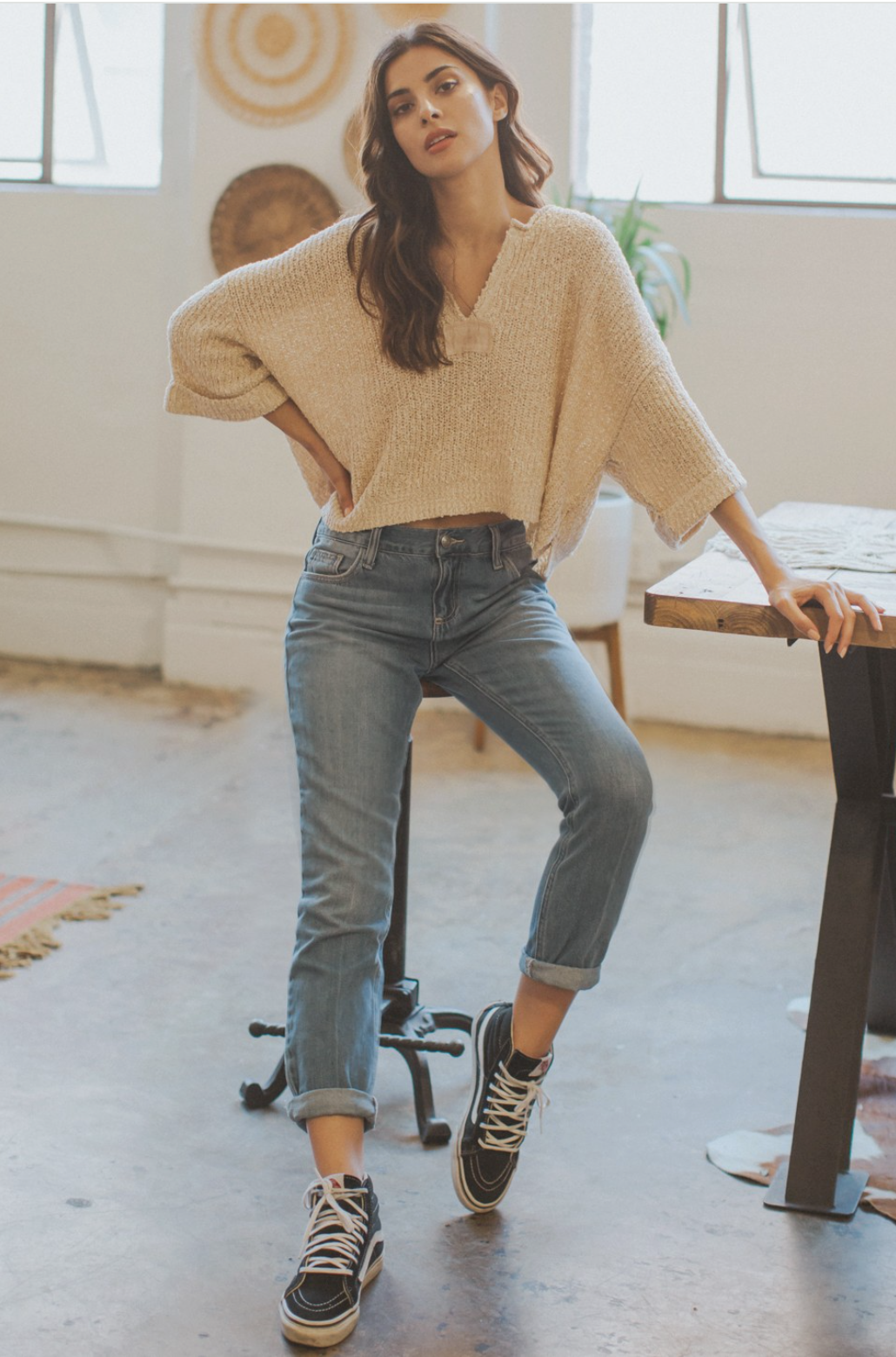 Cropped Patch Sweater-Oatmeal