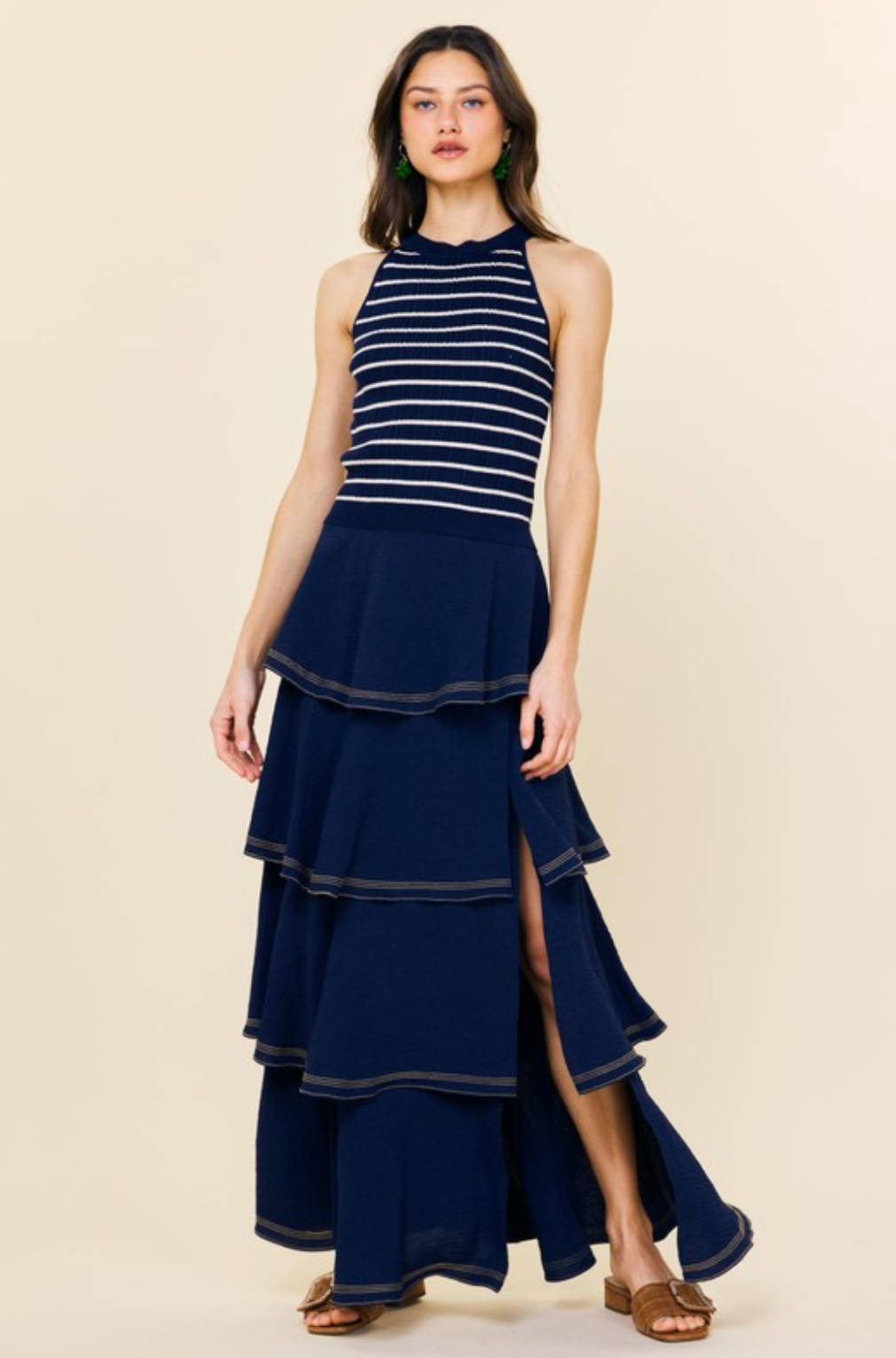 Stripe Rib Tank Top-Navy