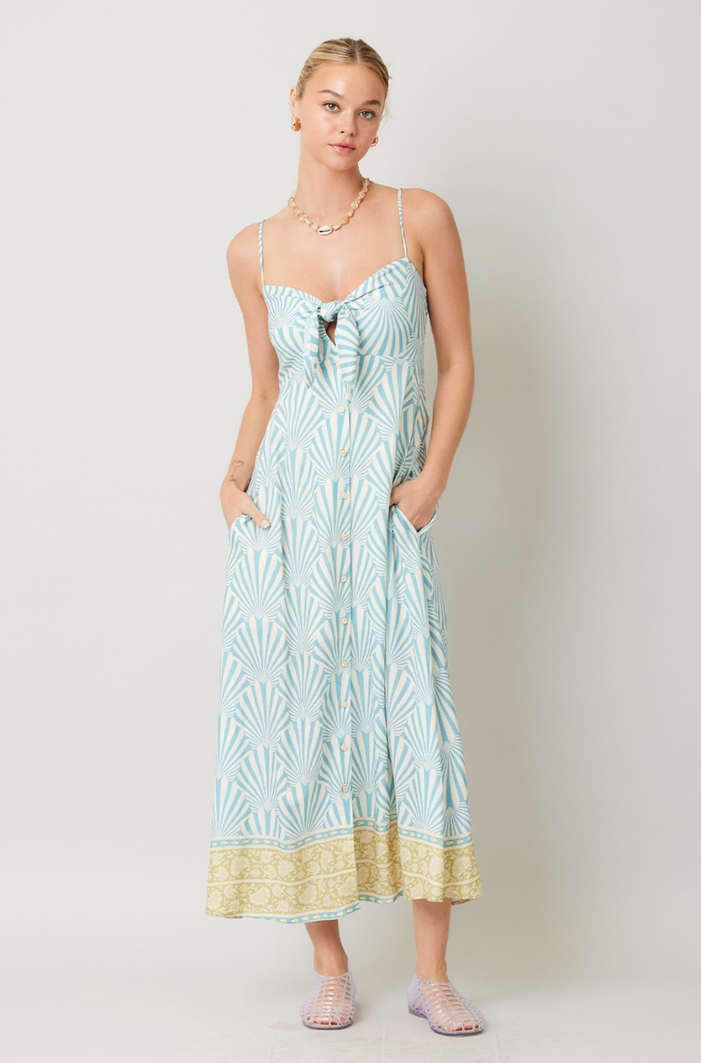 Border Print Midi Dress-Blue