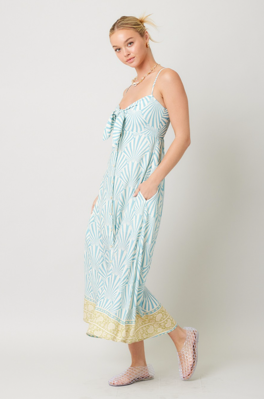 Border Print Midi Dress-Blue