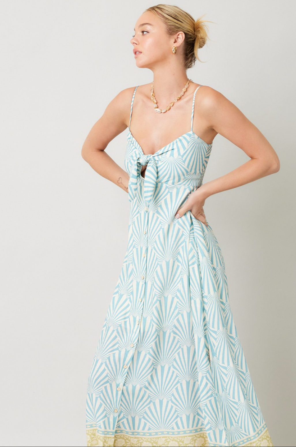 Border Print Midi Dress-Blue