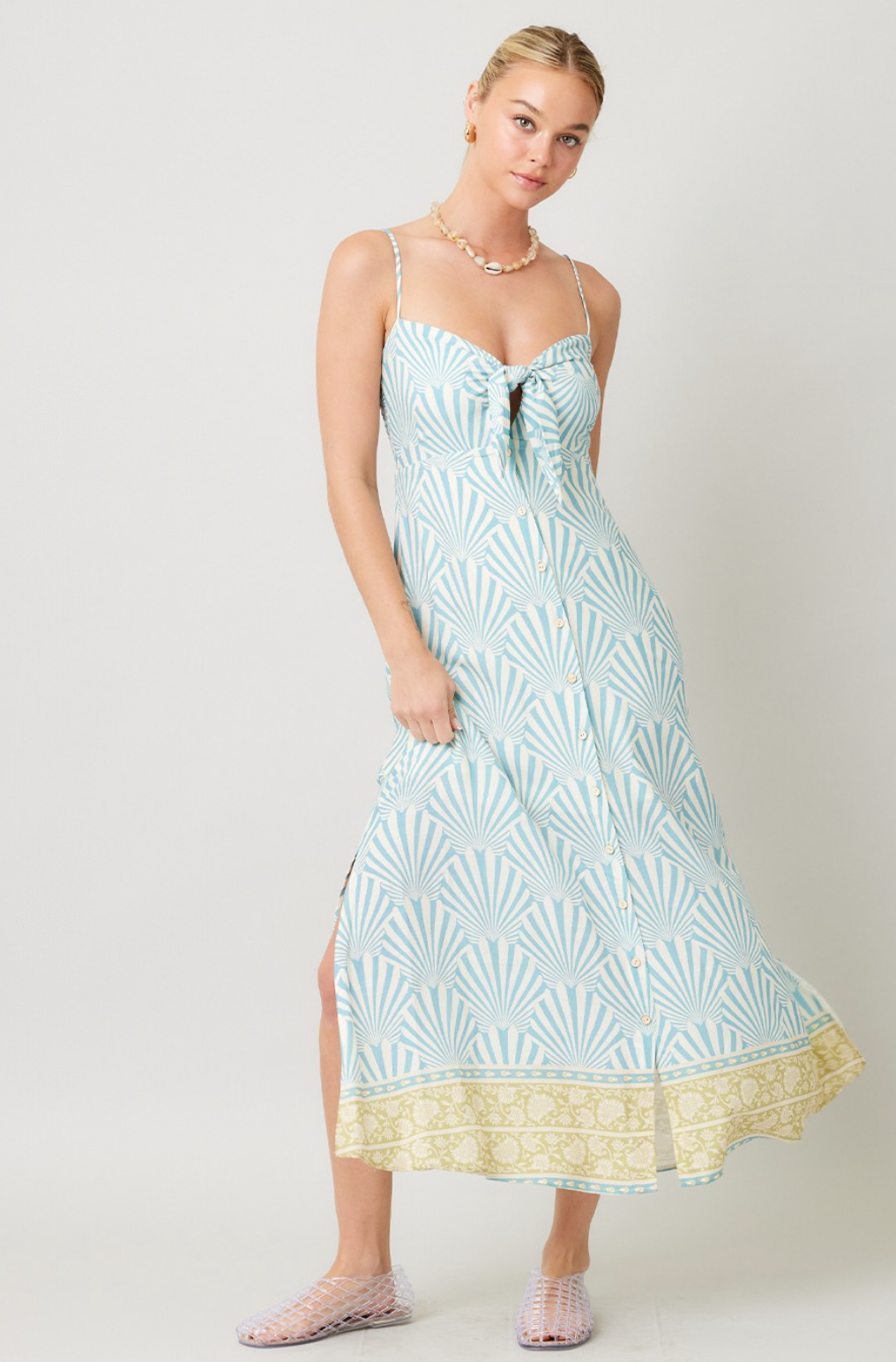 Border Print Midi Dress-Blue