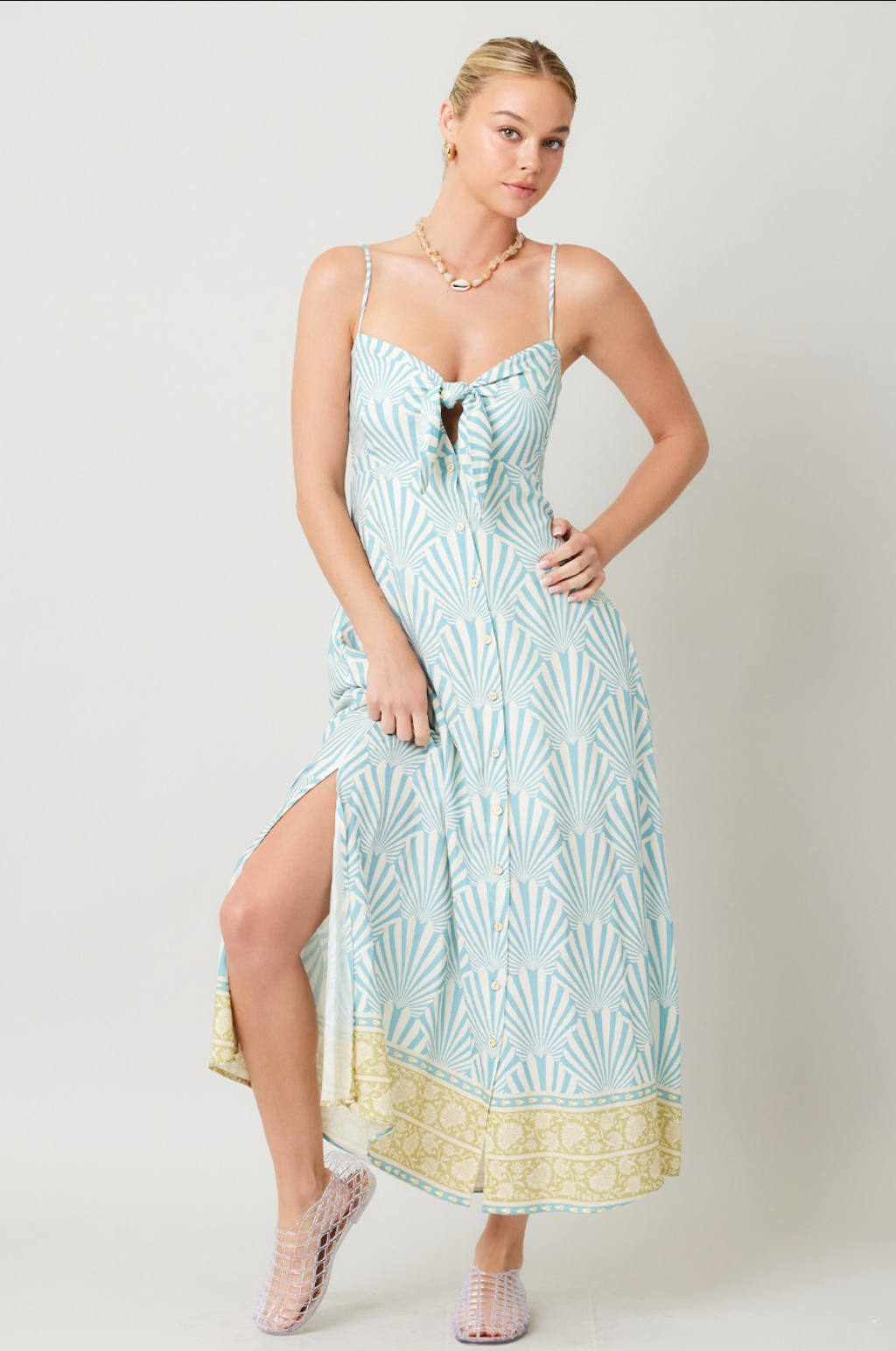Border Print Midi Dress-Blue
