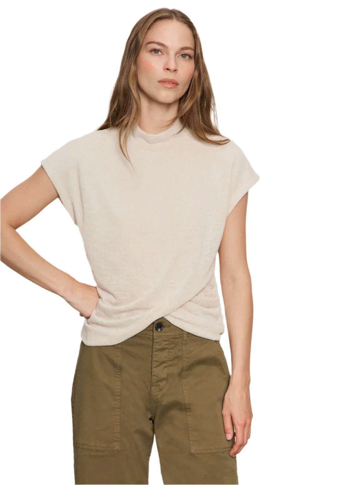 Draped Sleeveless Mock Neck Top-Oat