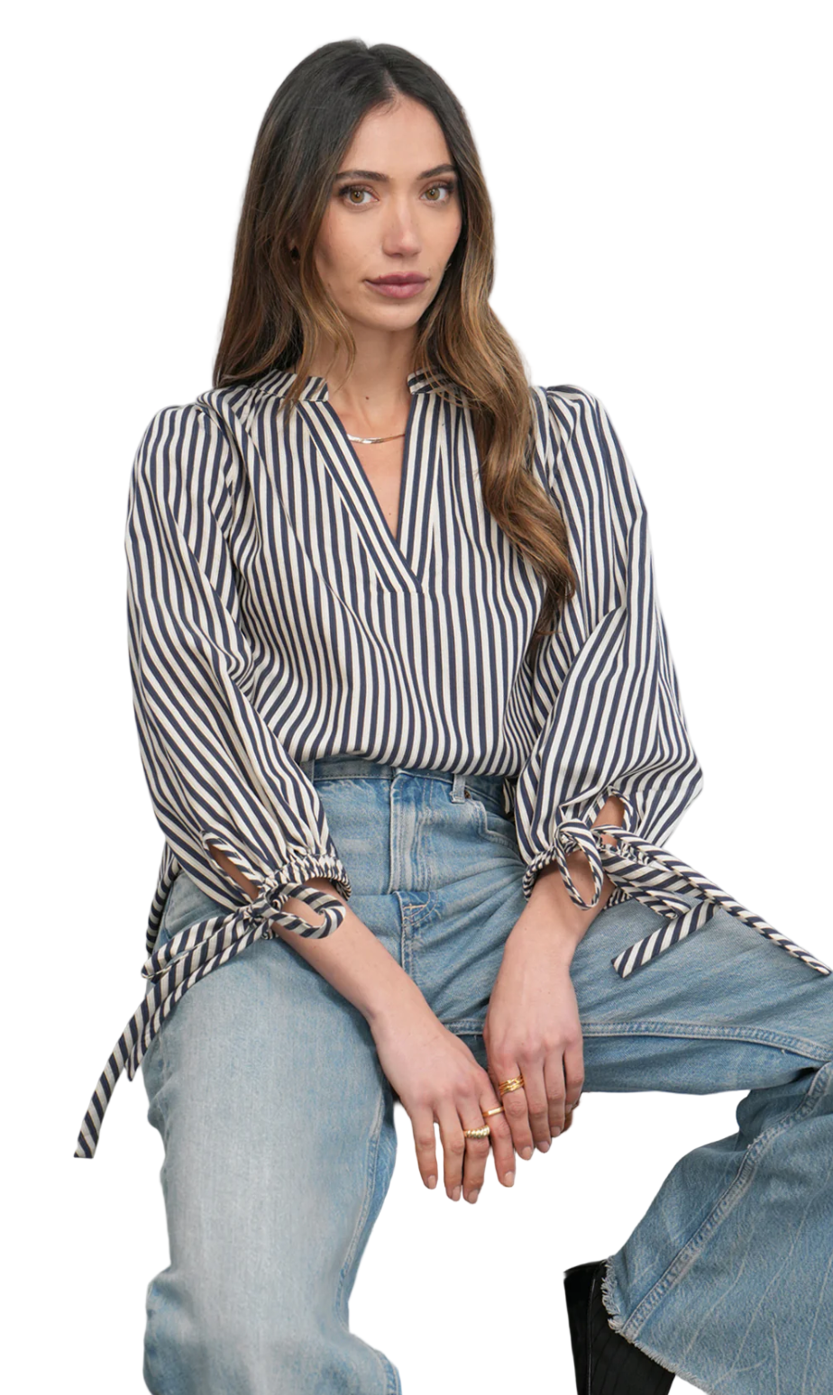 Miui Puff Sleeve Stripe Blouse-Navy