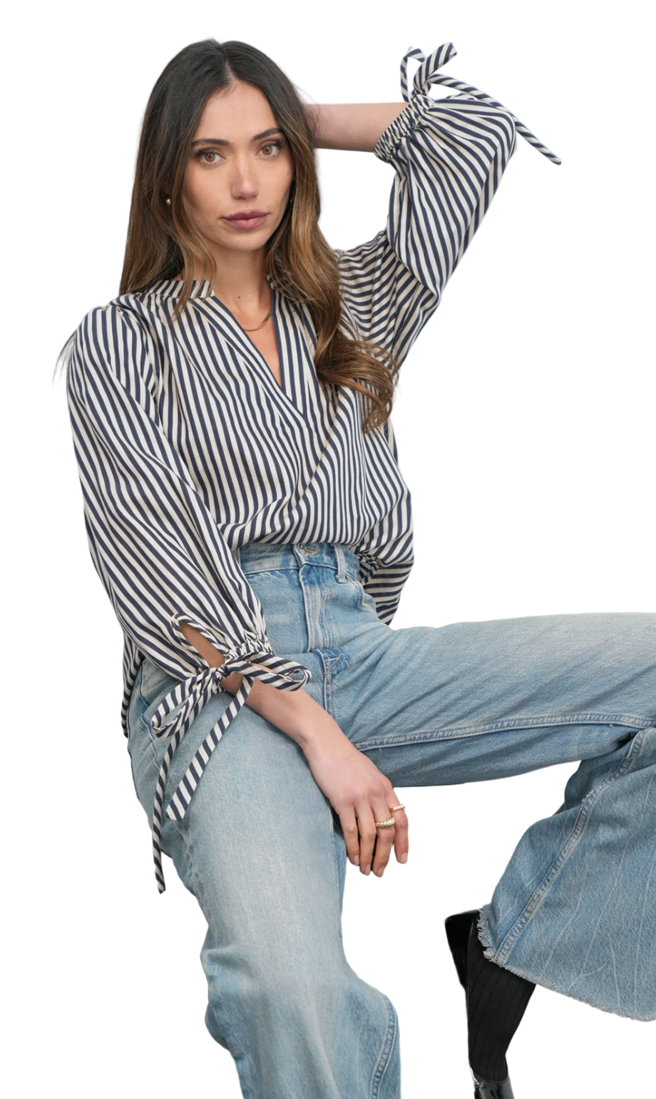 Miui Puff Sleeve Stripe Blouse-Navy
