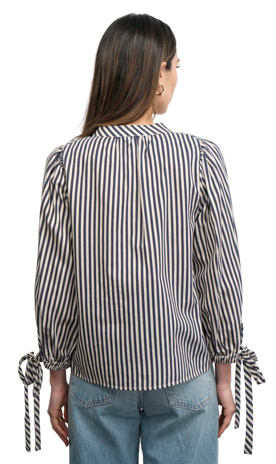 Miui Puff Sleeve Stripe Blouse-Navy