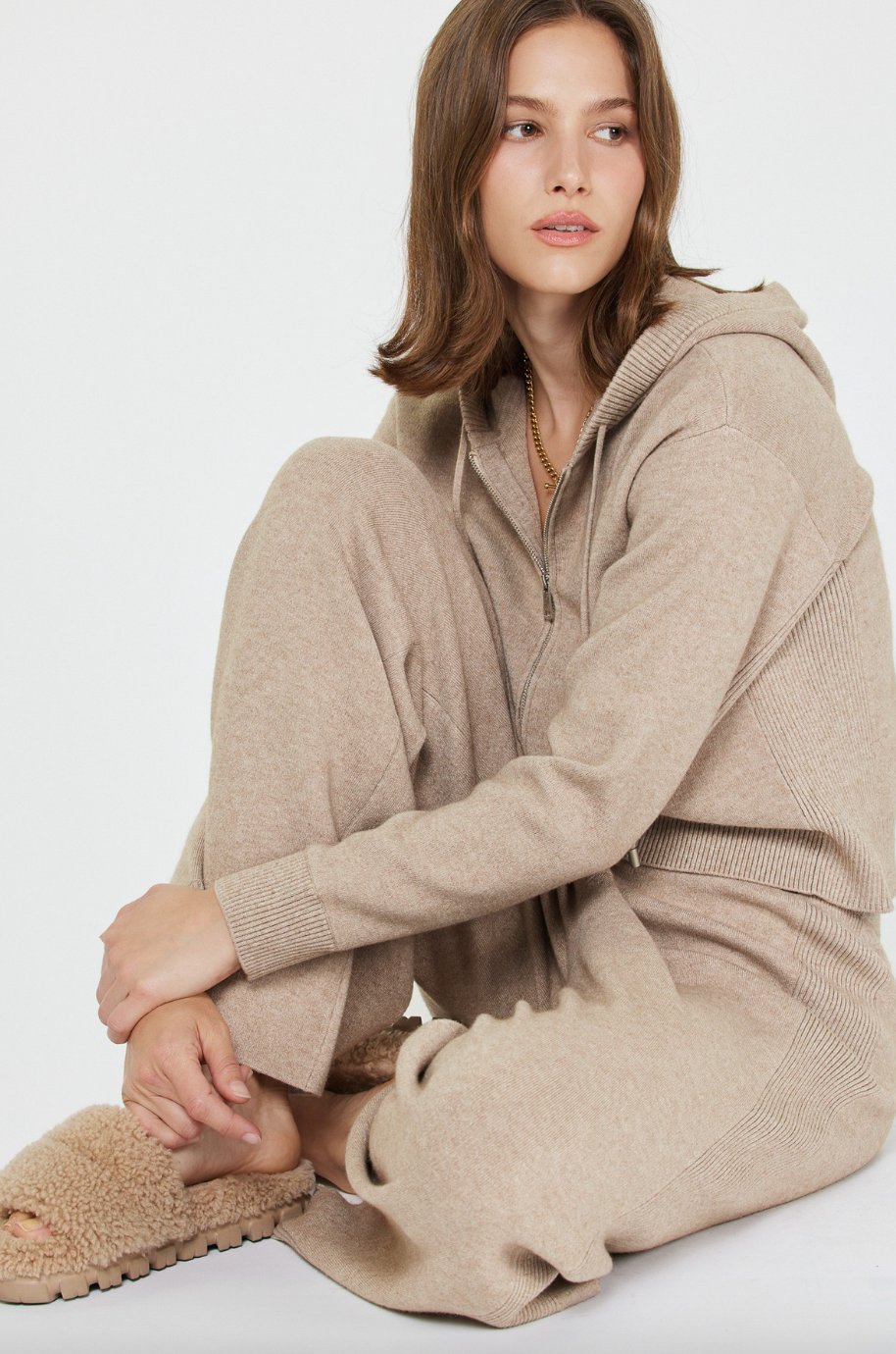 Cropped Knit Hoodie-Tan