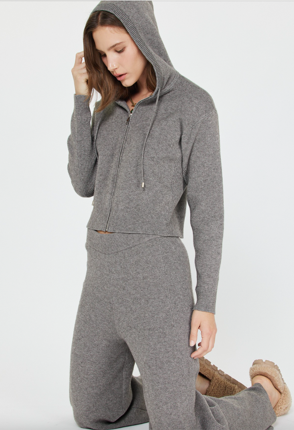Cropped Knit Hoodie-Grey