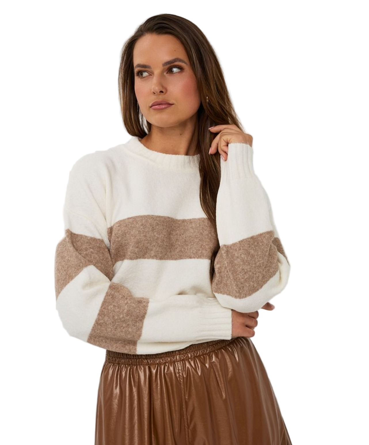 Striped Melange Sweater-Off White/Tan