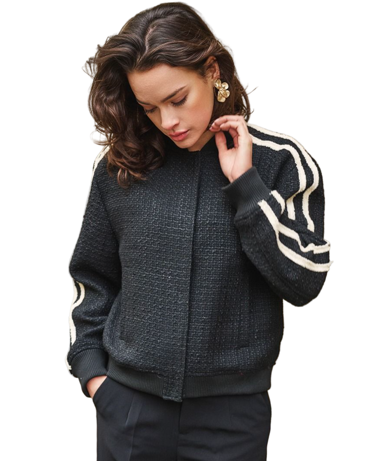 Stripe Bomber Jacket-Black