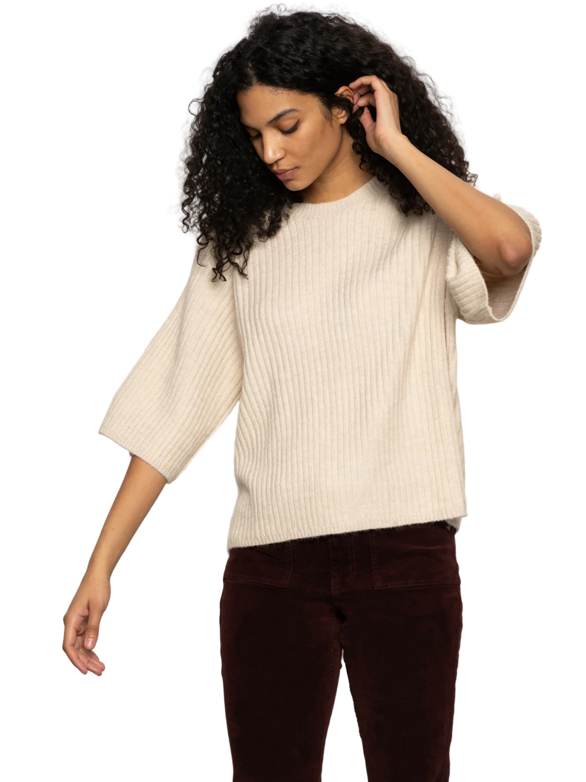 Ribbed Sweater Tee-Ecru