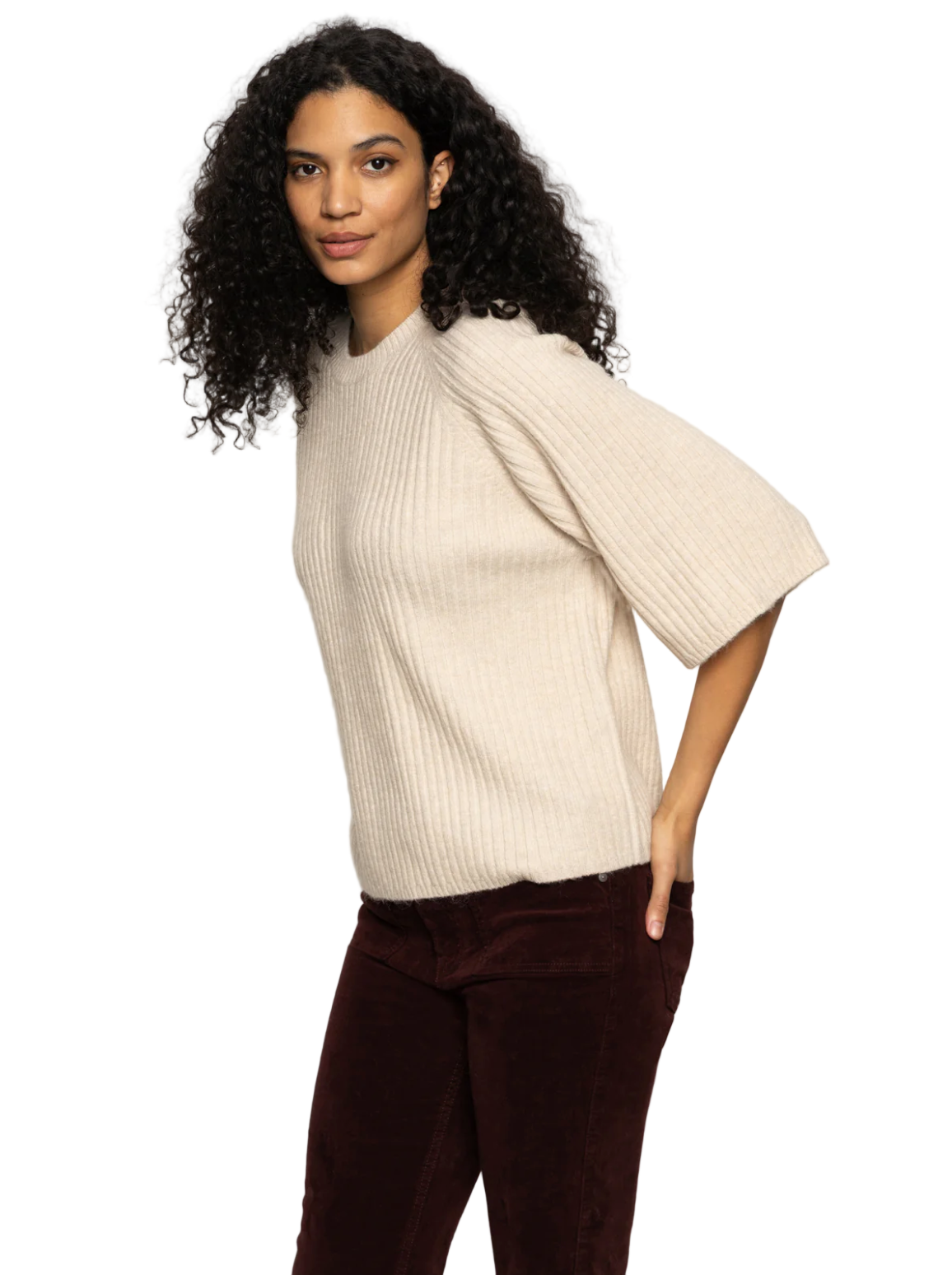 Ribbed Sweater Tee-Ecru