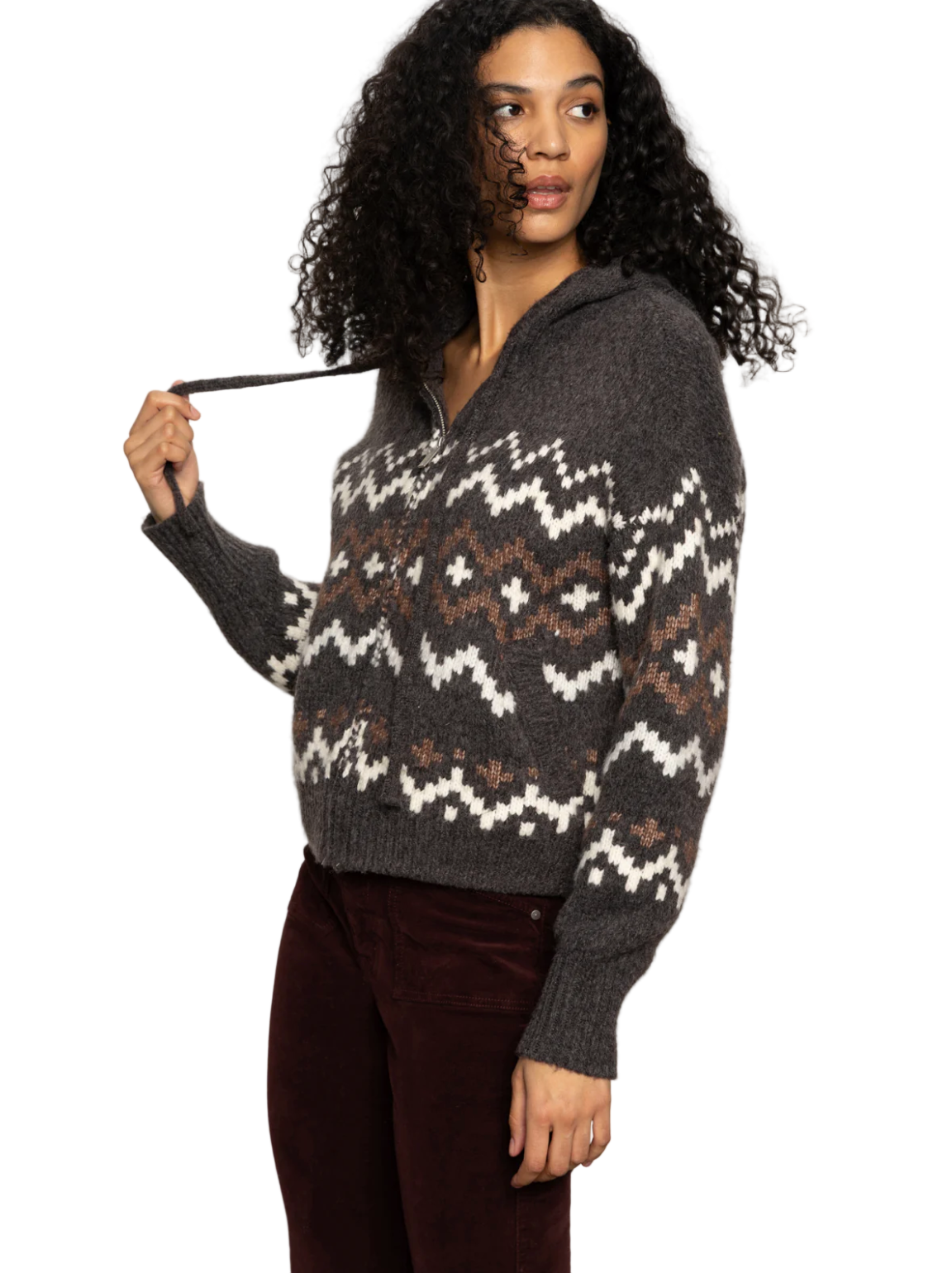 Zip Up Fairisle Hoodie-Charcoal