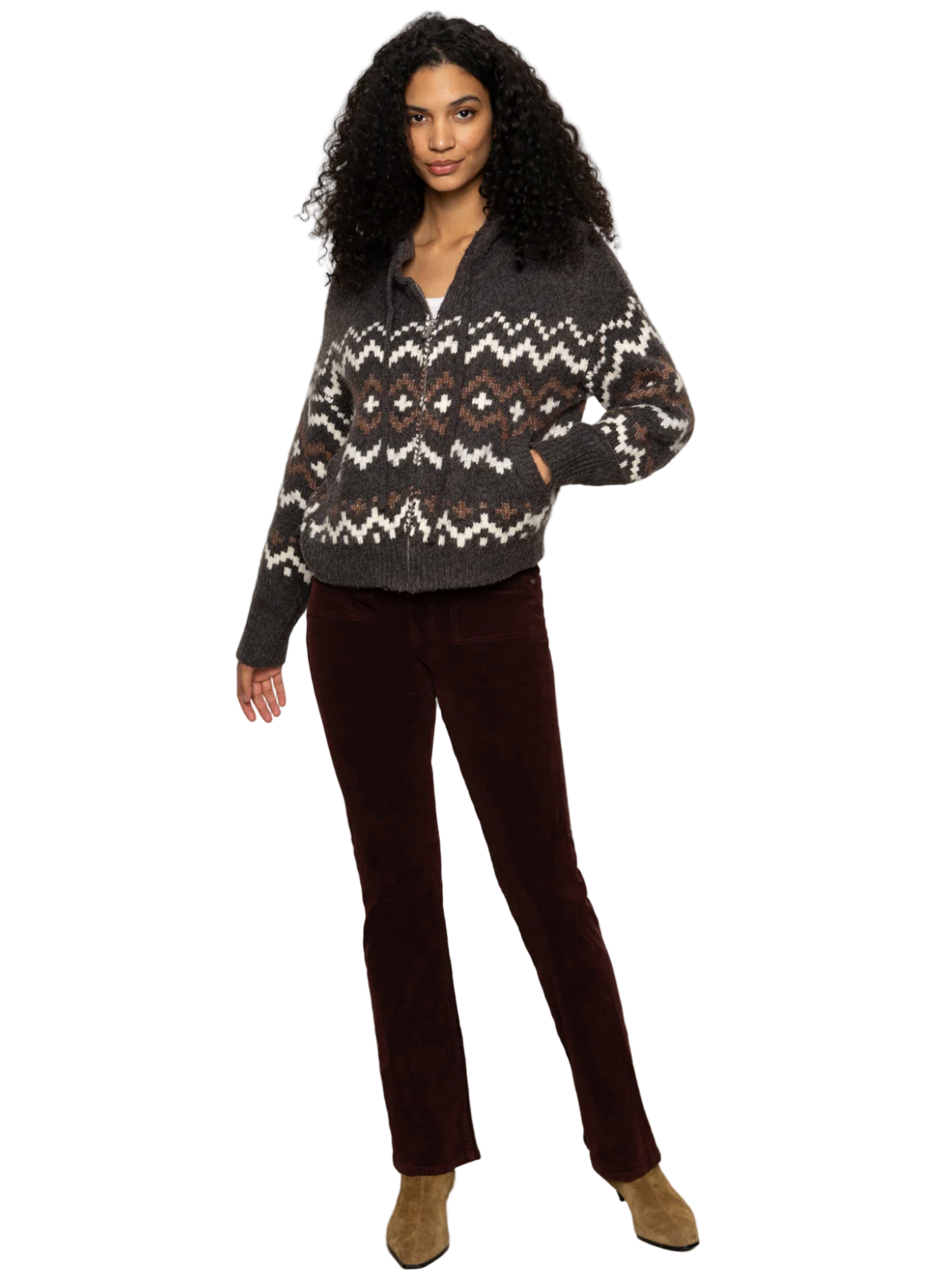 Zip Up Fairisle Hoodie-Charcoal