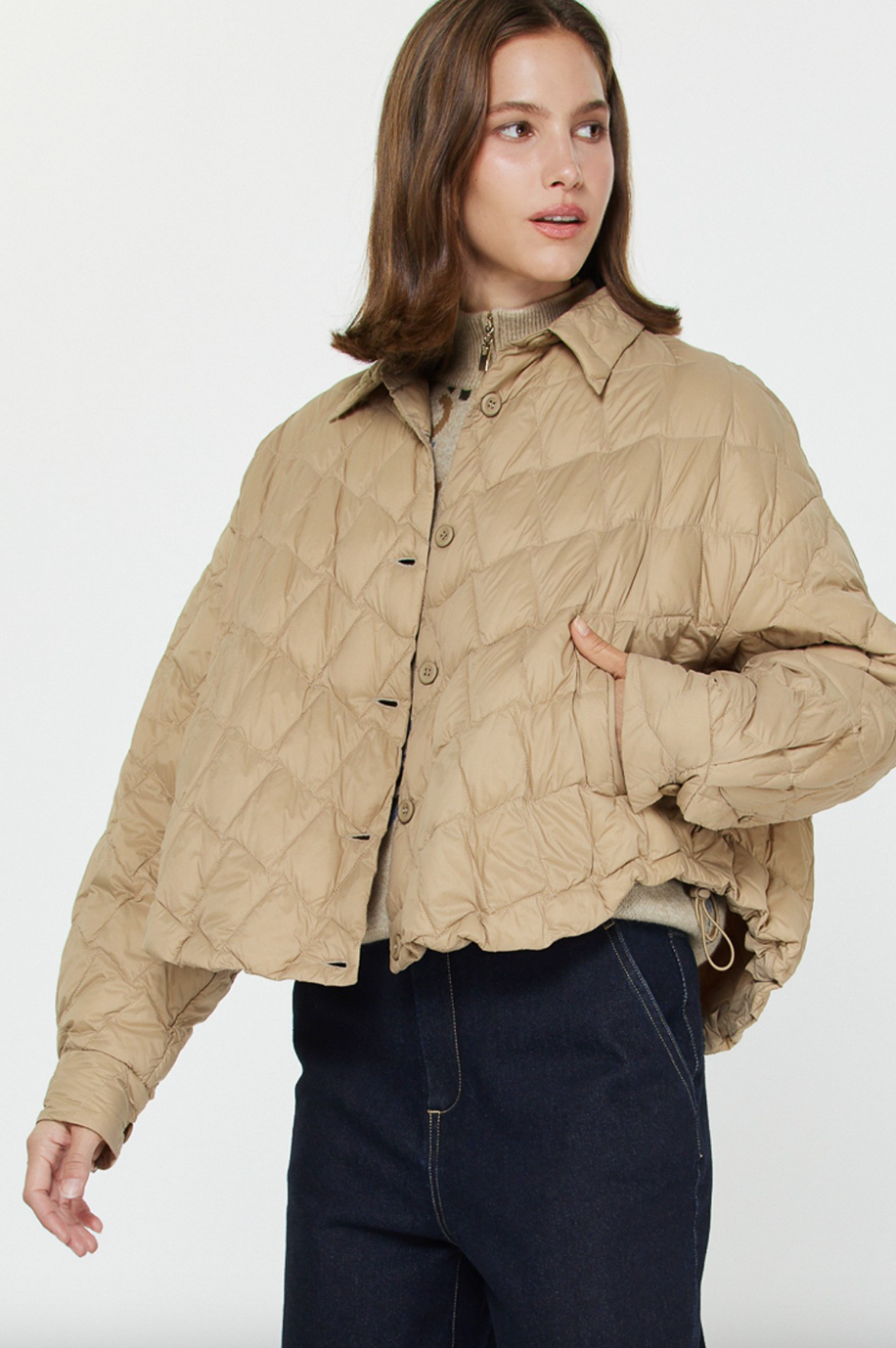 Quilted Duck Down Crop Jacket-Taupe