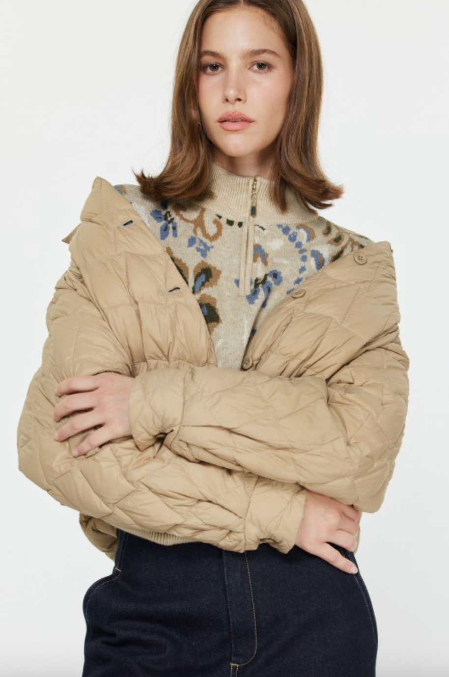 Quilted Duck Down Crop Jacket-Taupe
