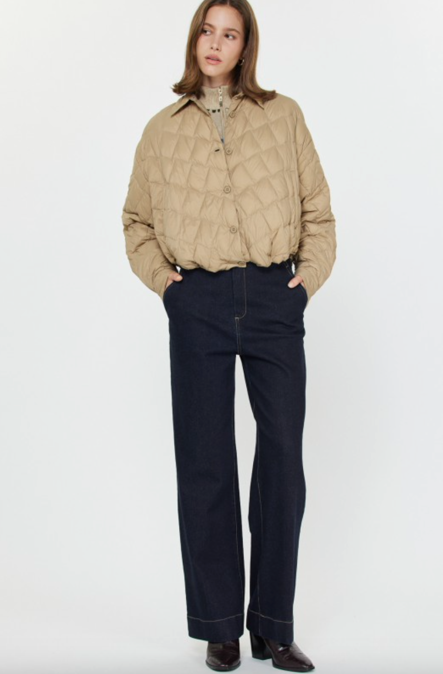 Quilted Duck Down Crop Jacket-Taupe