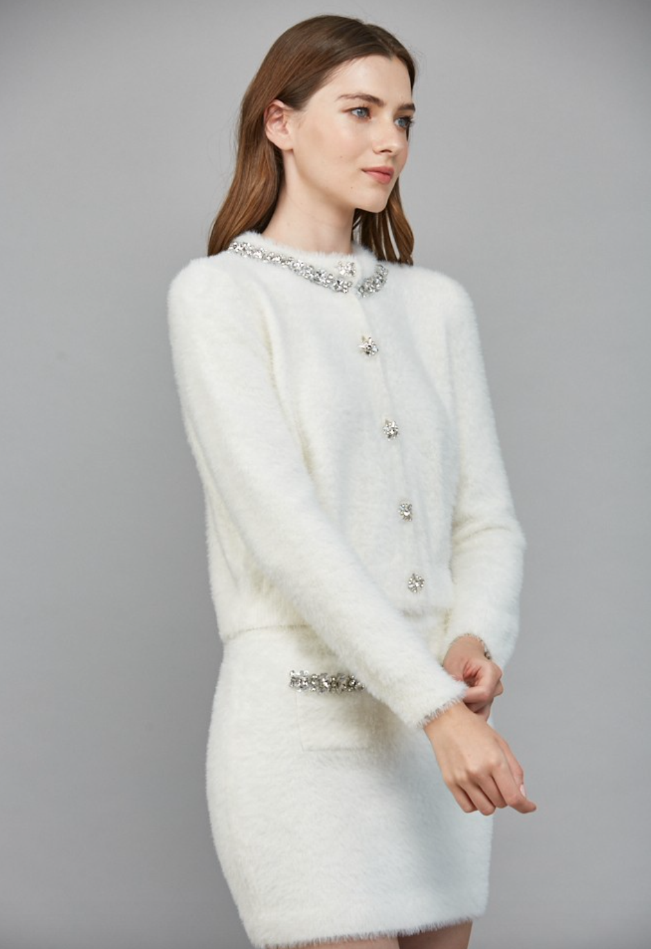 Fuzzy Rhinestone Cardigan-Cream