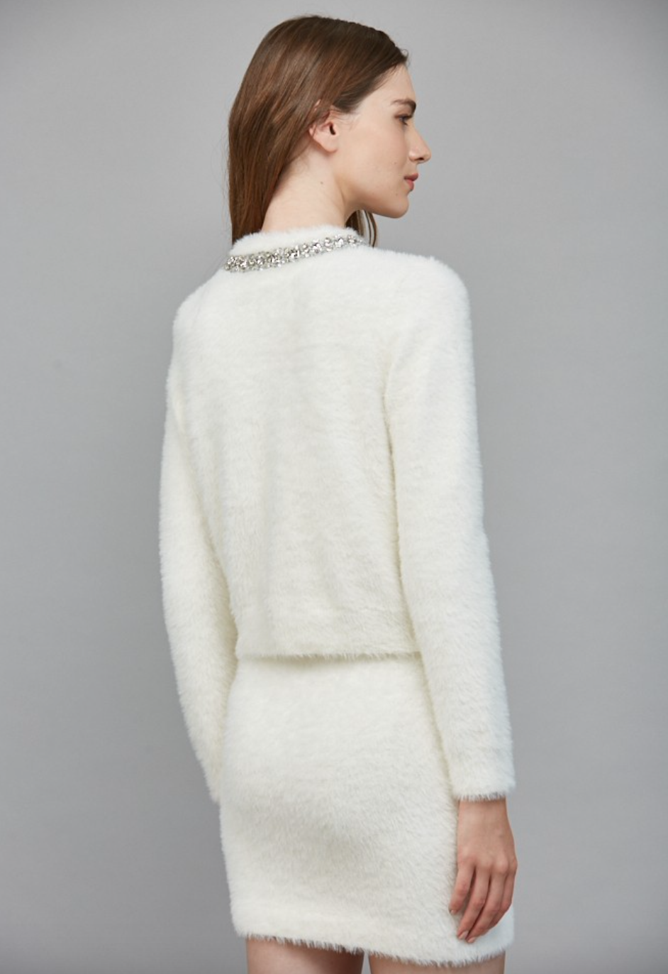 Fuzzy Rhinestone Cardigan-Cream