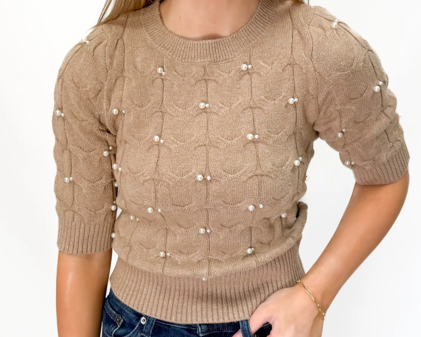 Pearl Embellished Sweater-Camel