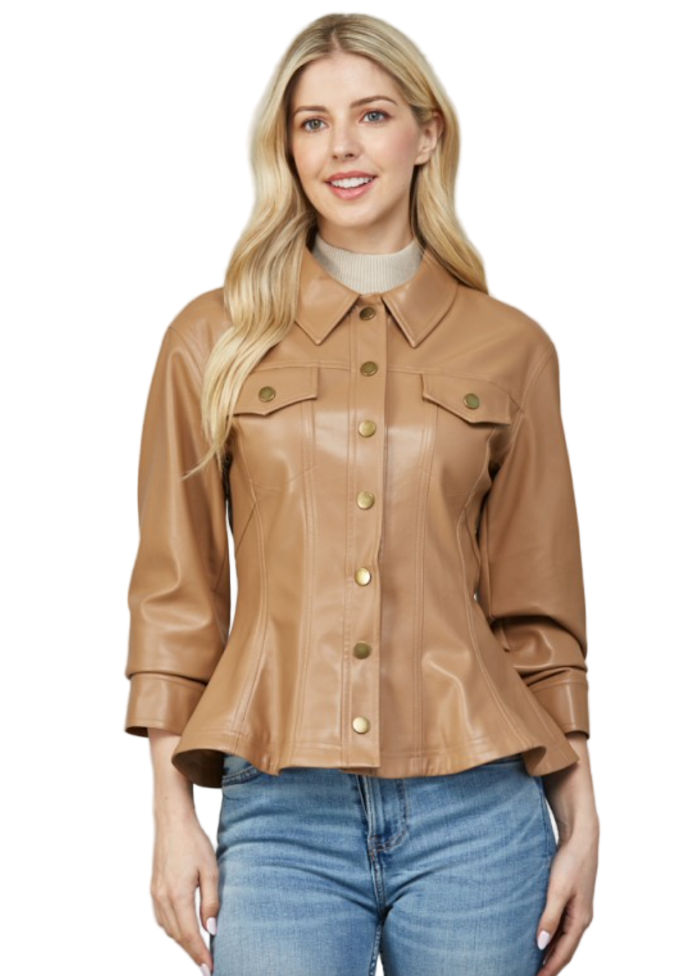 Faux Leather Peplum Shirt Jacket-Camel