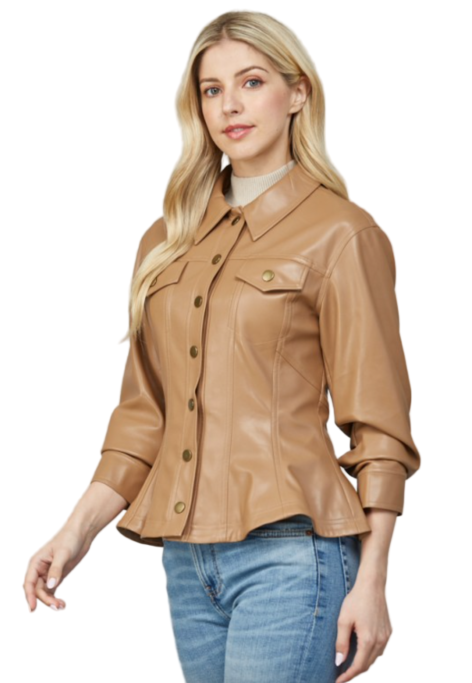 Faux Leather Peplum Shirt Jacket-Camel